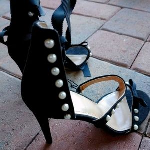 NEW Express Ankle Ribbon Pearl & Faux Suede Heels